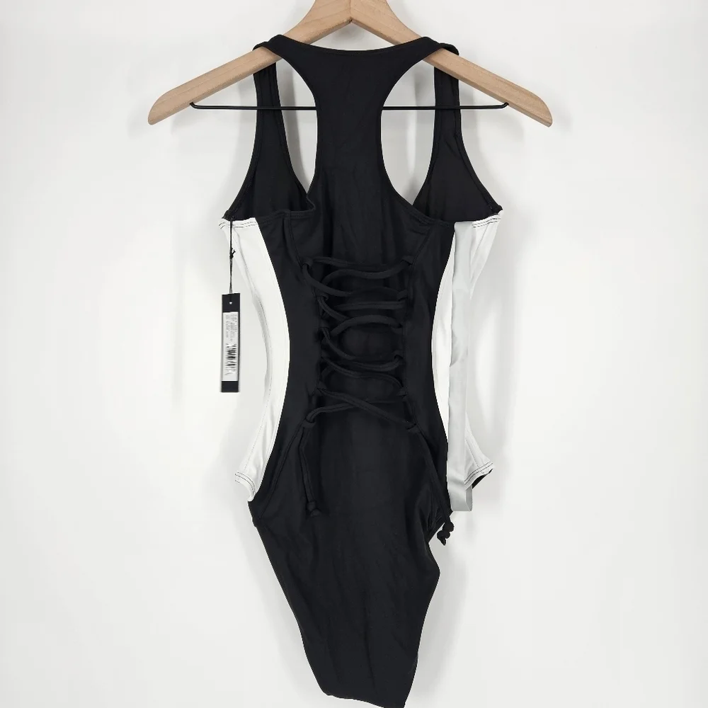 TA3 Black And White Scoopy Seamed Zip One Piece Swimsuit XS XLong NWT